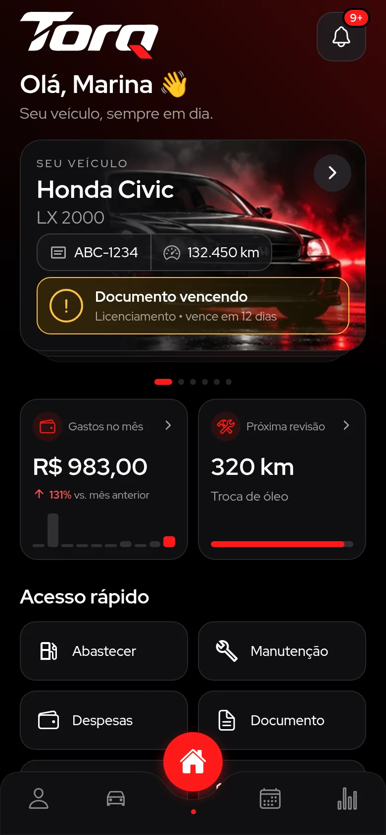 Tela inicial do Torq com veículo, gastos do mês e próxima revisão