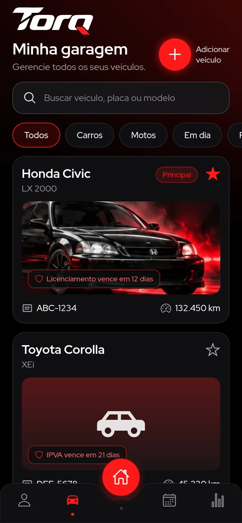 Tela Garagem do Torq com a lista de veículos
